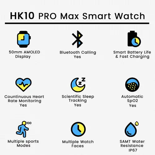 Hk10 Pro Max Smartwatch 2.02 Inches Large Screen 3d Visual Action Massive Colors 2 Straps Black
